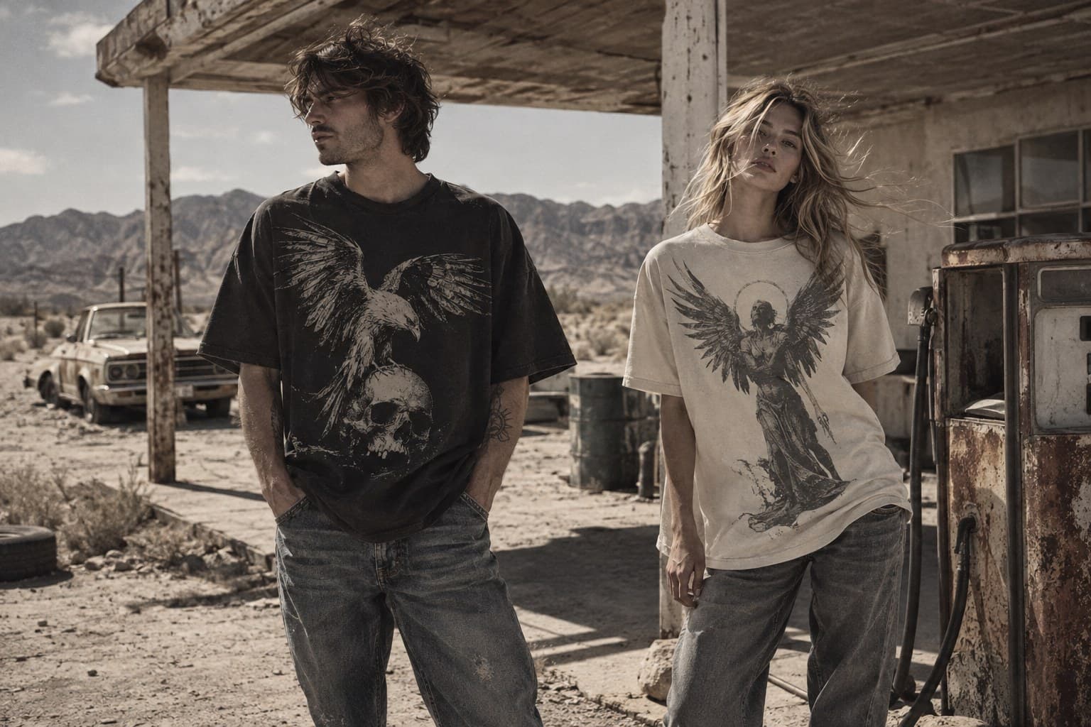 SIHONG campaign concept: two models in oversized graphic tees at a desert gas station