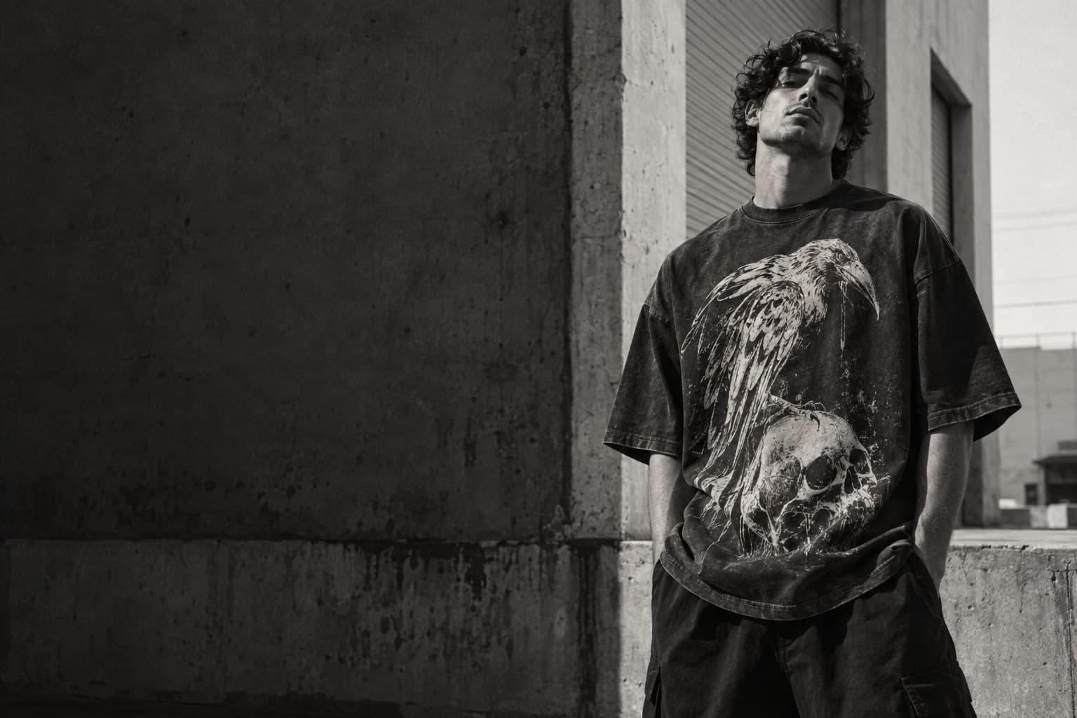 SIHONG campaign concept: oversized washed black tee with large ivory raven artwork on an urban street